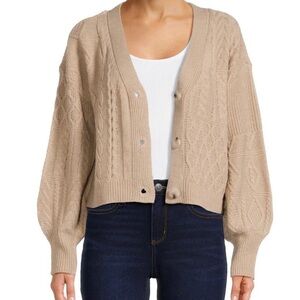 No Boundaries Juniors Cropped Cardigan Size XXXL Beige Knit Sweater Casual